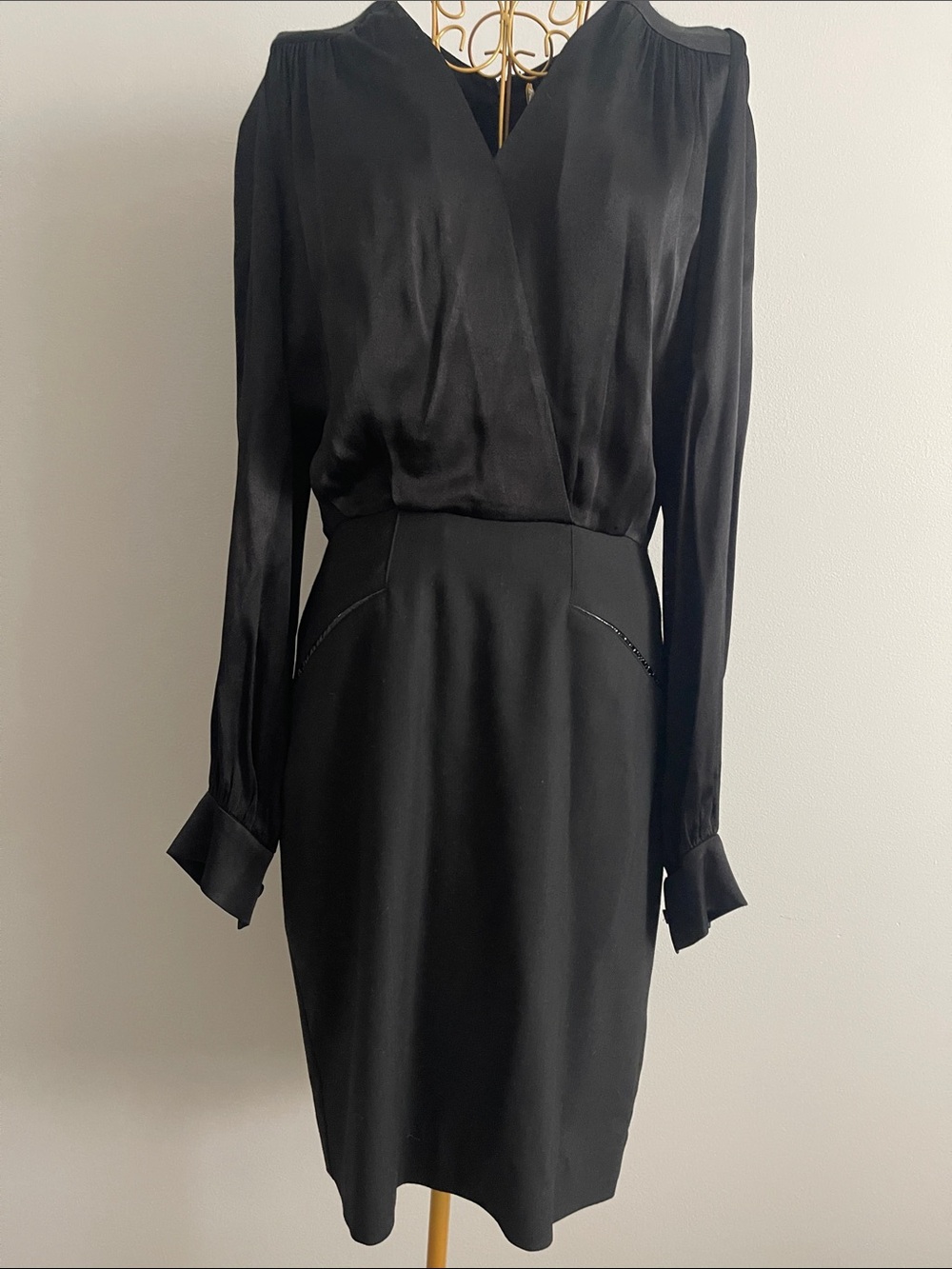 L'AGENCE Black Long-Sleeve Faux Wrap Sheath Dress